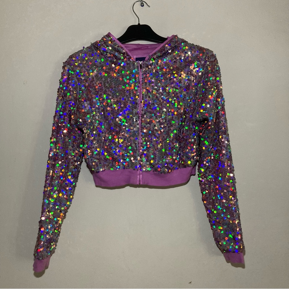 Route 66 Kids Purple  Multi Colored Sequin Bomber Crop Top Jacket  - Size 10-12